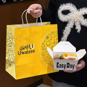 Sac en papier kraft personnalisé, écologique, jetable, pour la restauration rapide à emporter, avec poignée et impression de logo - Product Image 3