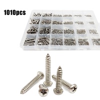 Kit de vis à bois autocollantes, 24 types mixtes, 1010 pièces, M1.2 M1.4 m1, 7 M2 M3 M4, 304 en acier inoxydable, vis à bois autocollante à tête ronde