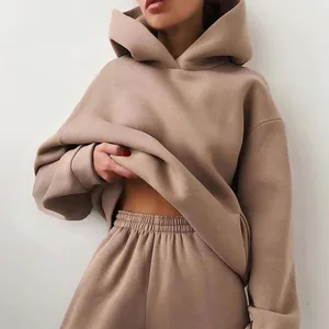 Setelan hoodie dan celana keringat wanita kasual bulu domba poli katun logo kustom musim dingin kustomisasi MOQ rendah