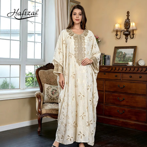 Robe longue kaftan ivoire pour femmes musulmanes Hafizah, broderie florale dorée, manches chauve-souris, robe maxi une pièce, Ramadan, Eid, <span class=keywords><strong>Abaya</strong></span> islamique, vente en gros - Product Image 1