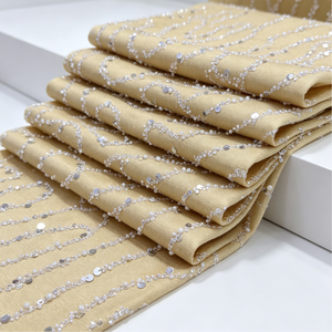 Tissu satiné texturé jaune <span class=keywords><strong>moutarde</strong></span> avec broderie de sequins argentés ondulés pour robe de soirée, robe de mariée, cheongsam - Product Image 6