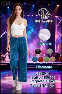 J638R 1 Pantaloni Larghi in Velluto a Vita Media, Lunghezza Intera, Fantasia a Pois, Vestibilità Ampia, Casual, Autunnali da Donna, con Elastico in Vita - Product Image 3