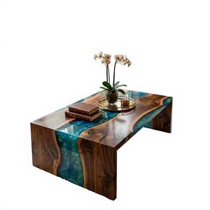 Table console moderne en résine époxy, plateau de table rivière, rectangulaire, taille et motif personnalisables, table de bureau et décoration intérieure en résine époxy - Product Image 1