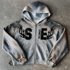 Custom High Quality Distressed <b>Hoodie</b> Vintage Graphic Zipper <b>Hoodie</b> 100% Cotton Acid Wash <b>Oversized</b> Zip up Hoodies <b>for</b> <b>Men</b> - Product Image 1