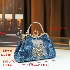 Borsa da Sera in Denim con Design Gufo Stampato a Caldo, Borsa a Tracolla in Poliestere alla Moda con Cinghia Singola e Clip, Completamente Decorata con Diamanti, da Donna per Halloween - Product Image 6