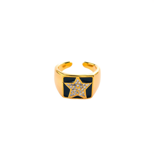 Fashion <b>Ring</b> 316L Stainless Steel PVD Gold Plating Star Design Black Inlay <b>Adjustable</b> Size - Product Image 2