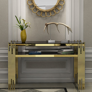 Table <span class=keywords><strong>console</strong></span> décorative de luxe pour salon, avec plateau en verre et base en acier inoxydable doré, pour couloir ou coin. - Product Image 1