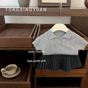 Tongxingyuan Girls School Uniform Short Sleeve Polo Knitted Top With Pleated Skirt Set Solid Color Cotton Outfit - Product Image 1
