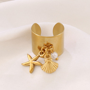 Anillo <span class=keywords><strong>Ex</strong></span> <span class=keywords><strong>Voto</strong></span> de Acero Inoxidable Chapado en Oro, Cruz y Medalla, Medalla DE LA Virgen María en Anillo, Estrella de Mar, Concha y Perla - Product Image 2