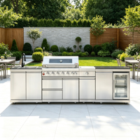 Station de cuisson extérieure modulaire moderne en acier inoxydable 304 avec barbecue à gaz et réfrigérateur, allumage électronique à impulsion pour les fêtes de famille