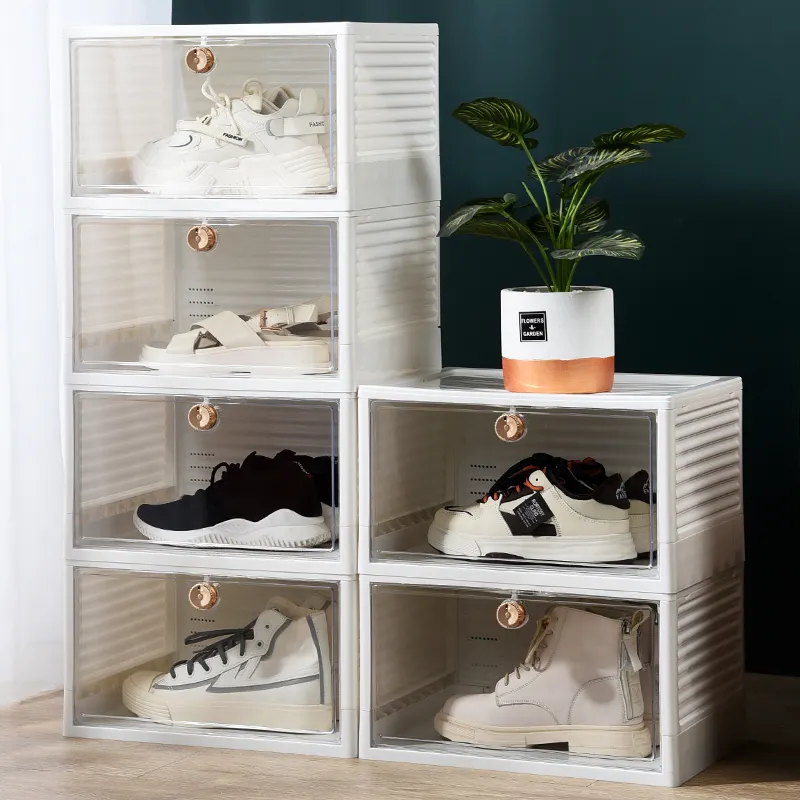 Wholesale Collapsible Shoe Boxes Multifunctional Foldable Plastic Stackable Shoe Storage Box For Sneaker Display