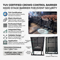 Barrière de sécurité en aluminium noir certifiée TUV, maille perforée, barrière de scène Mojo pour la sécurité des concerts et les événements.