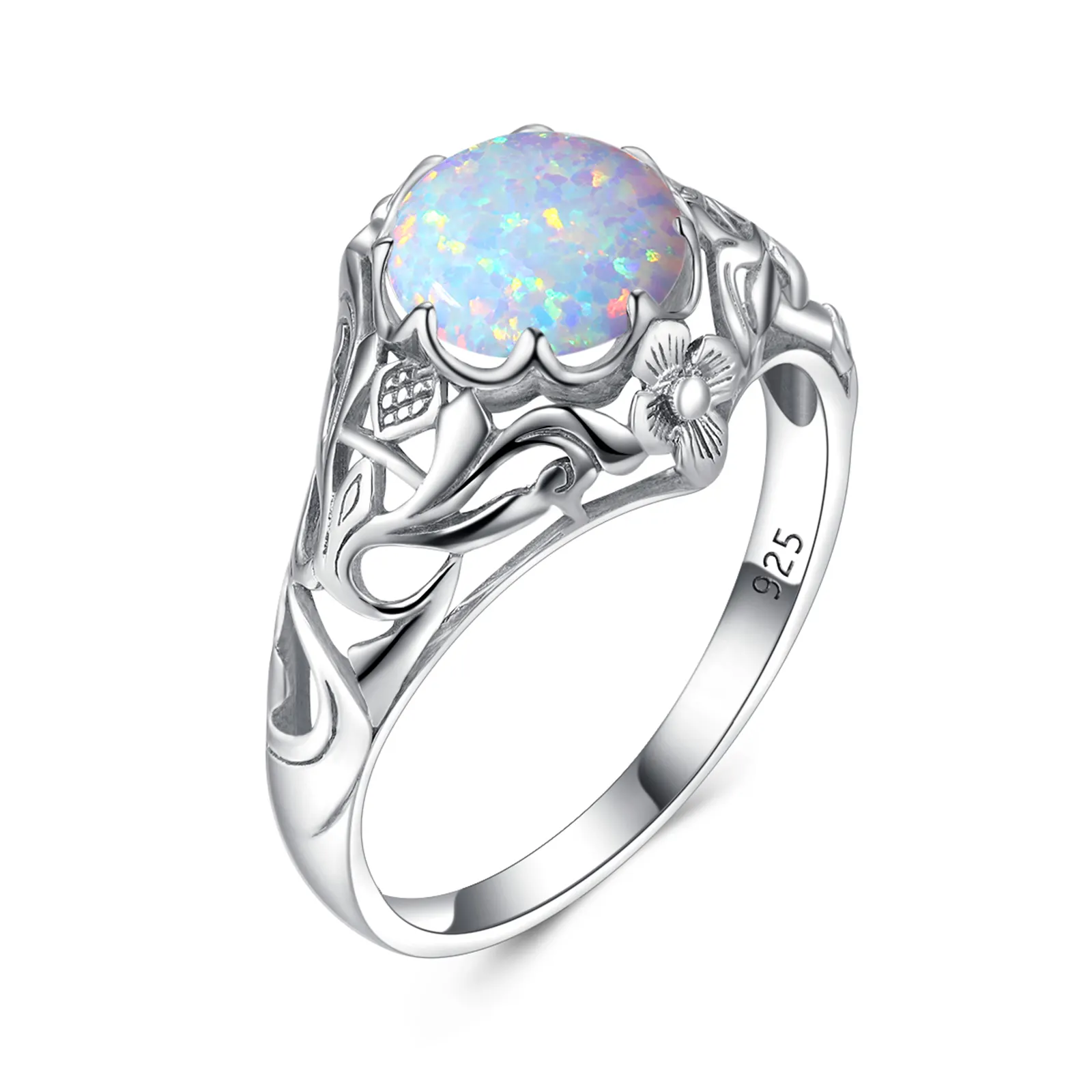 Vintage Opal Silver 925 Ring Wedding Party Promise Wife Christmas Gift Art Filigree Real 925 Sterling Silver Rings Jewelry