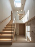 Escalier flottant moderne en acier et bois pour villa intérieure avec garde-corps en verre, sûr et durable