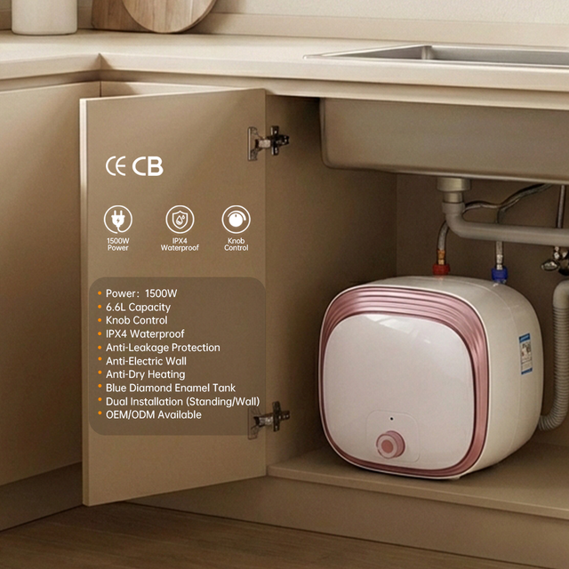 6.6L 1500W Plastic Shell with Knob Control Kitchen Bathroom Compact Wall Mounted Storage Electric Water Heater for Home Bathroom