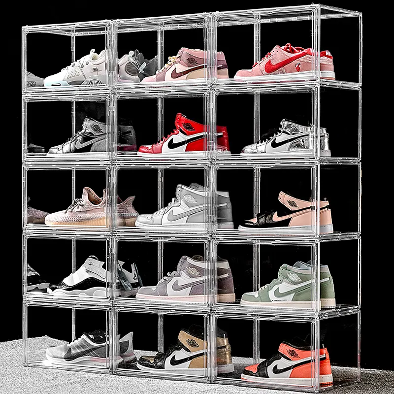 household space saving storage organizer dust-proof stackable shoes storage cabinet transparent drop front sneaker display case