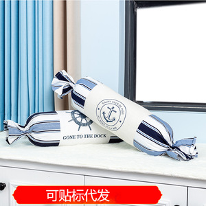 Cojín Decorativo Cilíndrico de Algodón y Lino a Rayas con Bordado de Ancla para Hogar u Oficina, con Relleno - Product Image 5