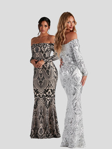 Nuevo estilo de verano, vestido elegante europeo y americano con lentejuelas, sexy, con hombros descubiertos, vestido de fiesta, vestido de noche largo, vestido de cola de pez - Product Image 1