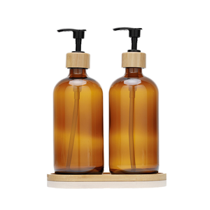 High Quality Frosted Brown 300ml Cylinder Shoulder Matte Amber Shampoo Lotion Glass <b>Pump</b> <b>Bottle</b> Bamboo Lid - Product Image 1
