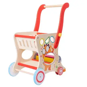 Top Selling Baby Learning Walker Montessori Early Education Wood Pushed Toy Kids Cart Trolley Game Toys Wooden Shopping Cart