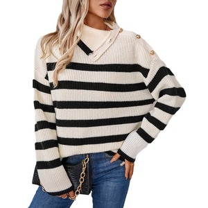 Alla moda da donna con Pullover a righe con risvolto EUUS taglia maglieria per l'autunno inverno - Product Image 5