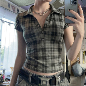 Top Corto Tipo Polo con Cuello en V y Solapa a Cuadros, con Botones al Frente, Estilo Preppy Vintage, Ajuste Delgado, Lisonjero y Casual - Product Image 2