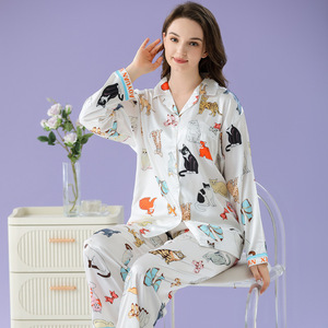 Pijamas Mujer Conjunto de seda de hielo Sensación Premium Seda Linda Manga larga Pantalones largos Ropa de Casa <span class=keywords><strong>Netflix</strong></span> Viento Sección delgada - Product Image 3