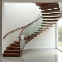 Escalier en colimaçon commercial classique moderne durable et écologique avec éclairage LED intérieur, en bois et verre, courbé, pour villa et appartement, avec rampe métallique