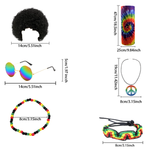 PESENAR 6 pièces Collection Hippie des années 1960-Ensemble <span class=keywords><strong>perruque</strong></span> hippie, lunettes rondes, 2 bracelets, collier et foulard - Product Image 2