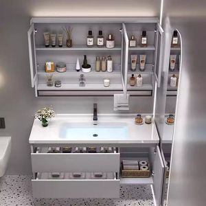 Meuble de salle de bain intelligent intégré moderne en bois massif et céramique, avec lavabo intégré - Product Image 2