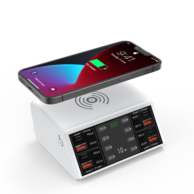 LED Smart Digital Display Desktop Charging Station, 100W Multi-port USB PD Fast Charger, Multifunctional 15W Wireless Charging