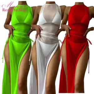 2022 summer bathing suit 3 piece bikini set thong one piece open sexy girl full swimsuit with mash dress cover