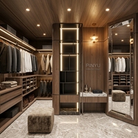 Armoire de chambre à coucher avec miroir pleine longueur intégré au plafond, en noyer foncé, avec comptoir de vanité en marbre