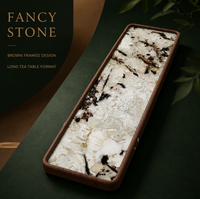 Plateau à thé en quartzite bleu paon FANCY STONE, table à thé en pierre naturelle avec cadre brun pour un service à thé de luxe