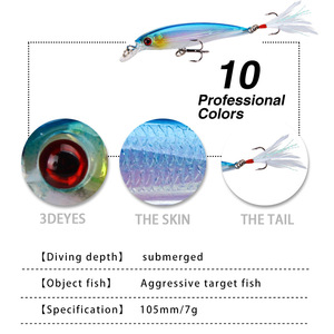 Leurre Minnow 7g/10.5cm avec 3 hameçons à plumes pour poisson mandarin, eau douce, eau de mer, et bar - Product Image 3