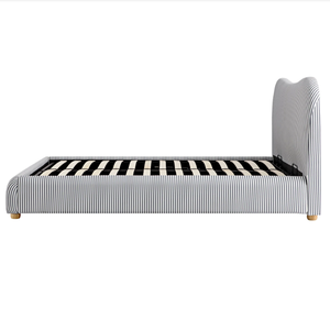 Frans landelijk gestreept gestoffeerd <span class=keywords><strong>bed</strong></span> met gebogen hoofdbord, ottomane, opbergbed, platformbed met houten poten voor de slaapkamer - Product Image 6