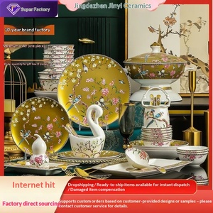 Ensemble cadeau de vaisselle en céramique de Jingdezhen, assiettes de table Phnom Penh pour la maison, bol en porcelaine motif floral et oiseaux, bol en porcelaine fine, offre spéciale - Product Image 1