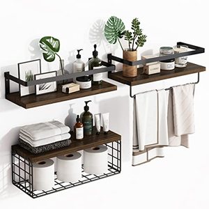 Rustik ahşap banyo tuvalet tel depolama sepeti üzerinde 3 + 1 Tier duvara monte yüzer raflar ile Metal çerçeve - Product Image 1