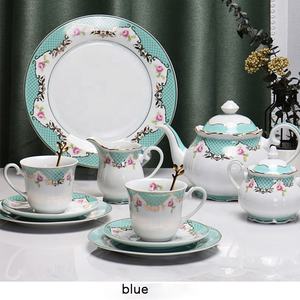 Service à thé et assiettes en porcelaine à motif floral quadrillé rose et bleu de style européen, vente directe du fabricant, matériau céramique - Product Image 5