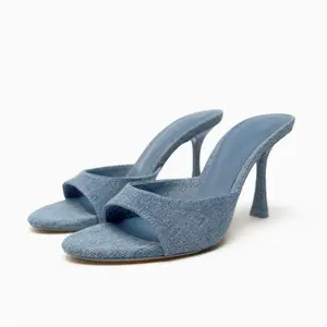 2023 wholesale autumn new women's shoes navy blue denim fashion ladies high heel slides slippers