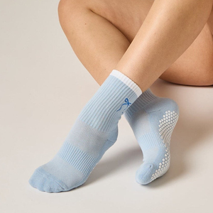 Wholesale <b>Custom</b> LOGO Women's Light Blue Ankle <b>Socks</b> With Anti-Slip Sole And Bow Detail For Yoga And Daily Wear - Product Image 6