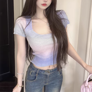 IWI046 Maglione Estivo da <span class=keywords><strong>Donna</strong></span> Personalizzato, Stile Retrò a Righe, Traspirante, Antirughe, Lavorato a Maglia, Scollo Quadrato Scollato, Manica Corta, Casual - Product Image 3