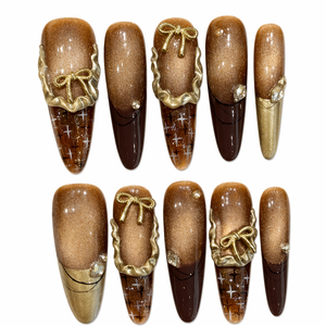 Faux ongles longs en PMMA faits à la main, certifiés CE, 10 pièces, design de luxe dégradé avec nœuds, volants et étoiles, couverture complète, forme cercueil - Product Image 1
