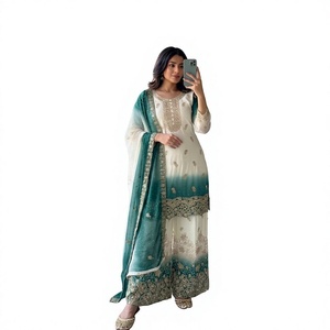 Premium Designer Fertig konfektionierter, schwerer, zweifarbiger Pading-Georgette mit Jarkhan-Diamantstickerei, wendbar, dehnbar, knitterfrei - Product Image 1