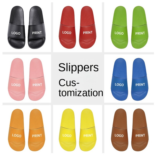 Custom Logo Printed One Word Drag Open Toe Slippers PVC Upper & Outsole Summer for Men & Women Wholesale