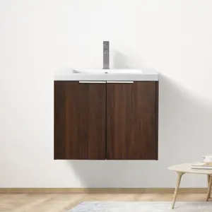 Set kabinet kayu kamar mandi 60cm Vanity apung kecil coklat tua kustom 24 inci