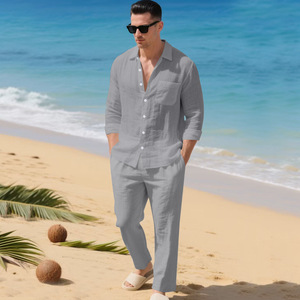 Completo da <span class=keywords><strong>Uomo</strong></span> in <span class=keywords><strong>Lino</strong></span> 2 Pezzi: Camicia a Maniche Lunghe con Colletto Rovesciato + Pantaloni Lunghi Larghi, Outfit Casual da <span class=keywords><strong>Spiaggia</strong></span> per l'Autunno, Disponibile in 8 Colori - Product Image 4