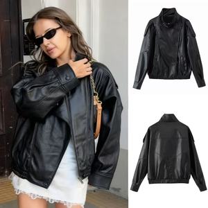 <span class=keywords><strong>Veste</strong></span> en cuir décontractée pour <span class=keywords><strong>femme</strong></span> à col montant et manches longues, style européen et américain, best-seller du commerce transfrontalier - Product Image 3