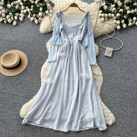 Ensemble robe longue d'été élégante pour femme avec manches lanternes, patchwork en dentelle et taille cintrée superposée