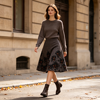 Jupe trapèze mi-longue taille haute décontractée en mélange de laine tricotée respirante à imprimé floral vintage français